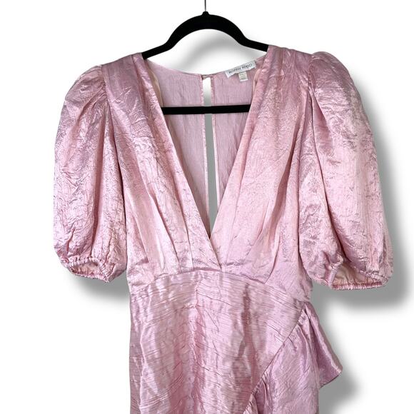 RONNY KOBO NWOT Blush Pink Satin Mindy Puff-Sleeve Faux Wrap Flounce Mini Dress - Picture 5 of 12